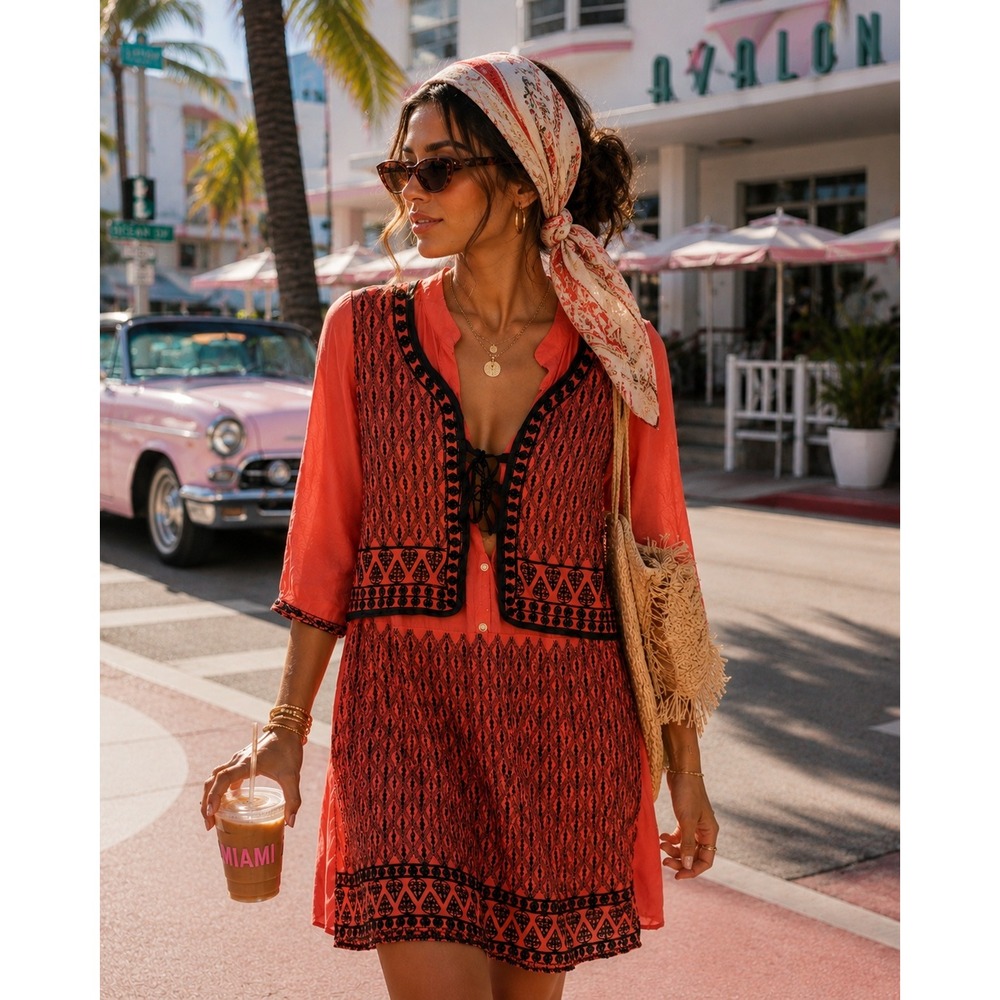 SK Collection Coral Orange Embroidered Sequin Tunic Dress Boho Lace Up Indian 34